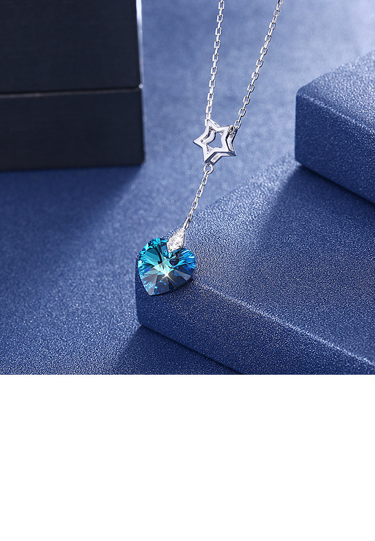 925 Sterling Silver Sparkling Fashion Elegant Romantic Star and Heart Shape Pendant and Necklace with Blue Austrian Element Crystal