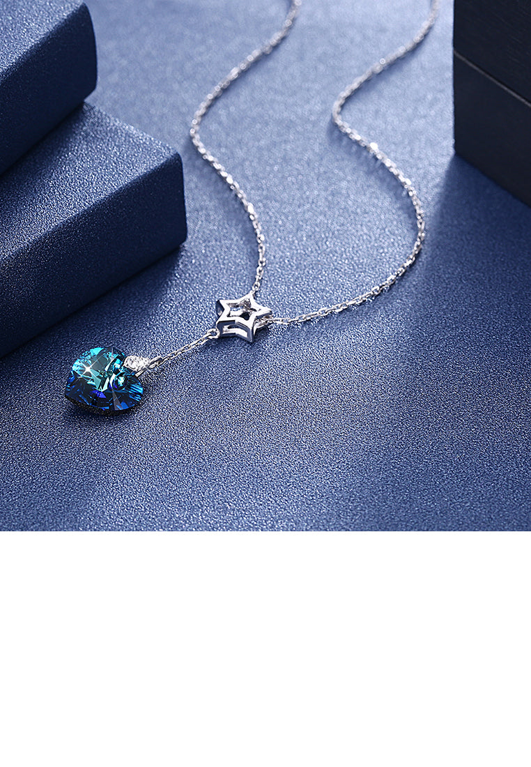 925 Sterling Silver Sparkling Fashion Elegant Romantic Star and Heart Shape Pendant and Necklace with Blue Austrian Element Crystal