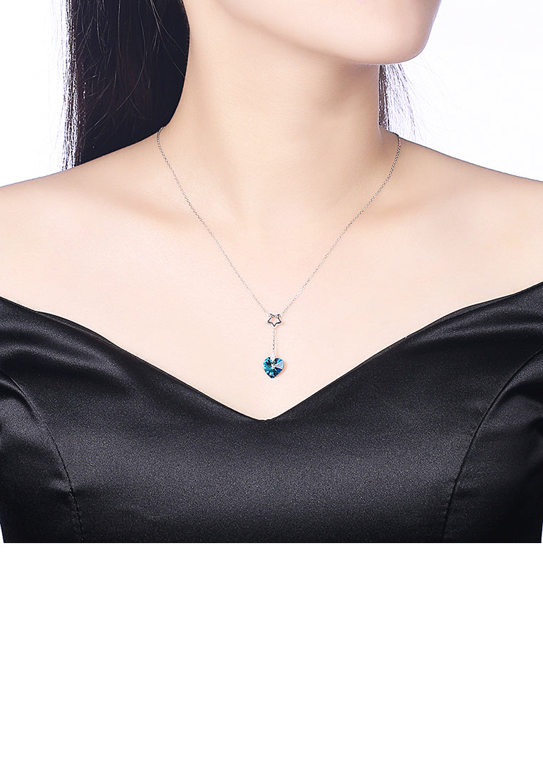 925 Sterling Silver Sparkling Fashion Elegant Romantic Star and Heart Shape Pendant and Necklace with Blue Austrian Element Crystal
