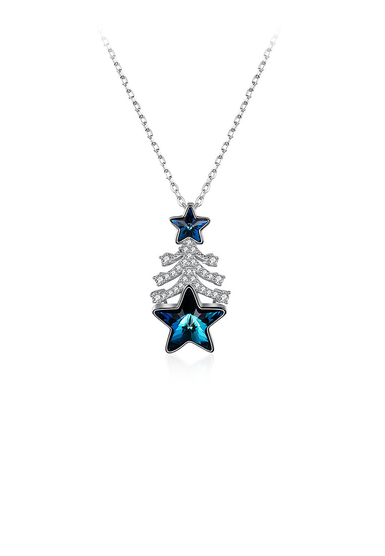 925 Sterling Silver Christmas Tree Pendant with Blue Austrian Element Crystal and Necklace