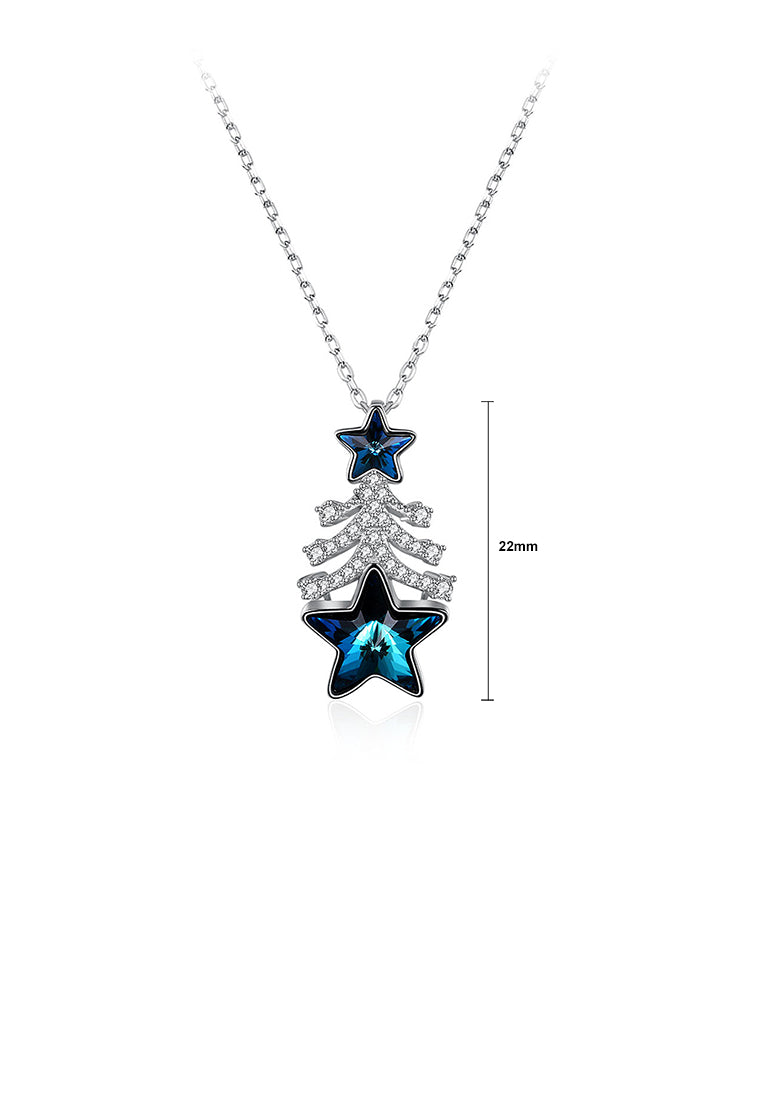 925 Sterling Silver Christmas Tree Pendant with Blue Austrian Element Crystal and Necklace