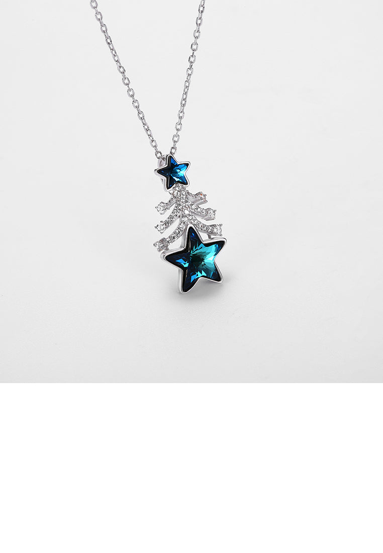 925 Sterling Silver Christmas Tree Pendant with Blue Austrian Element Crystal and Necklace