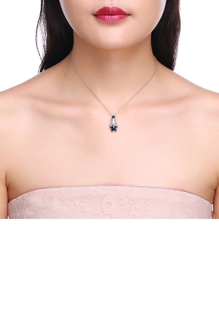 925 Sterling Silver Christmas Tree Pendant with Blue Austrian Element Crystal and Necklace