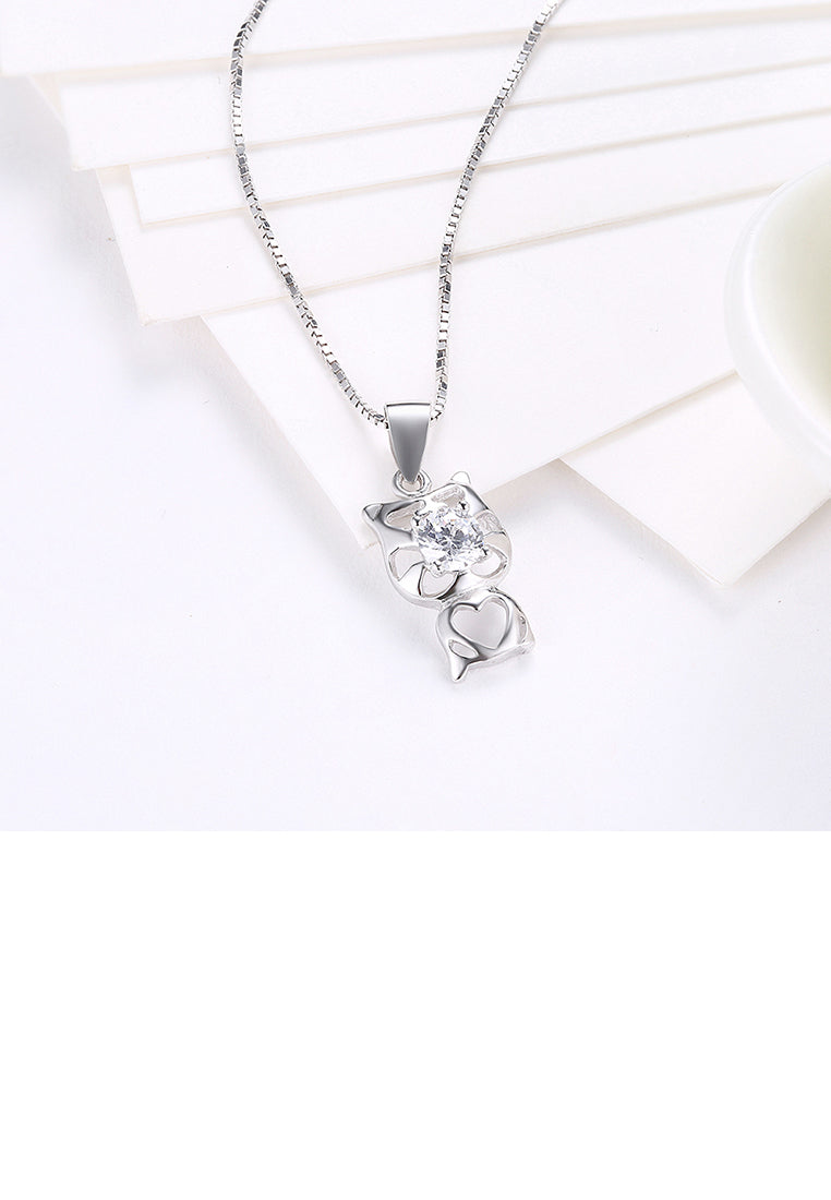 925 Sterling Silver Fashion Cute Cat Pendant with Cubic Zircon and Necklace