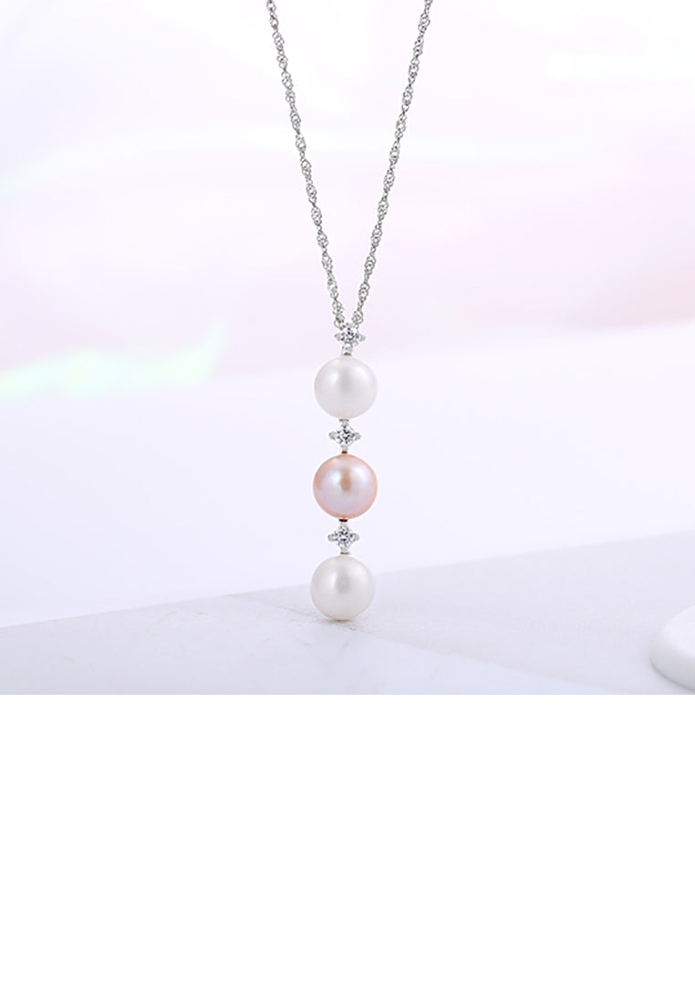 925 Sterling Silver Simple Fashion Geometric Round Bead Freshwater Pearl Pendant with Necklace - Luxurious Look