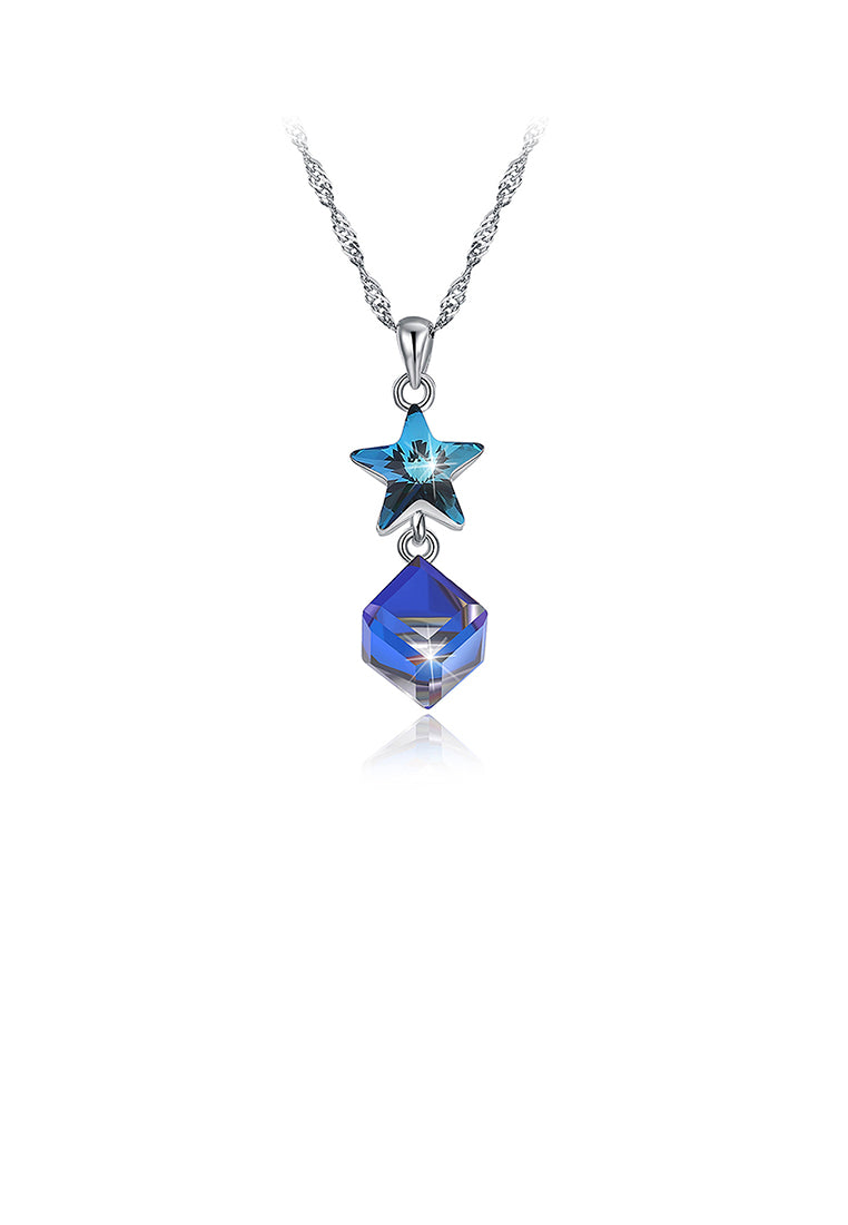 925 Sterling Silver Fashion Elegant Star and Geometric Cube Pendant Necklace with Blue Cubic Zircon