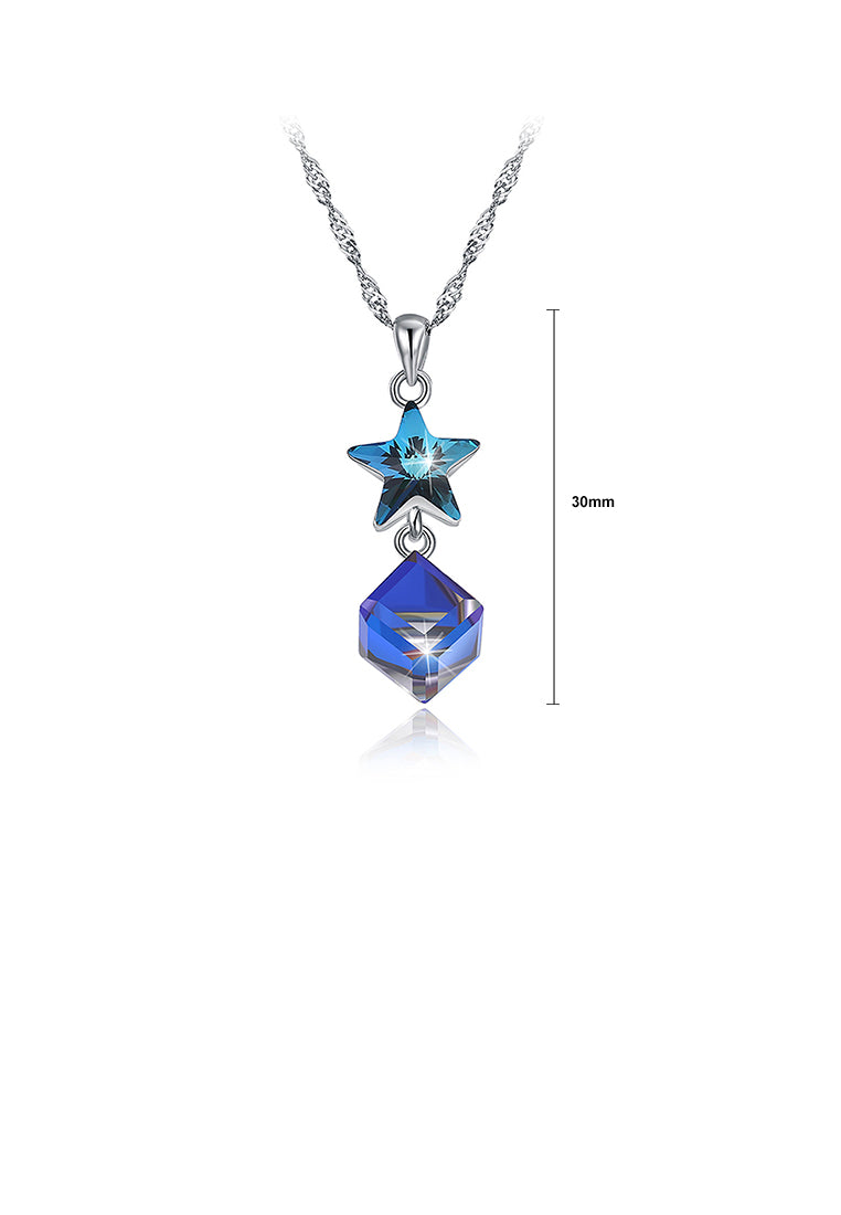 925 Sterling Silver Fashion Elegant Star and Geometric Cube Pendant Necklace with Blue Cubic Zircon