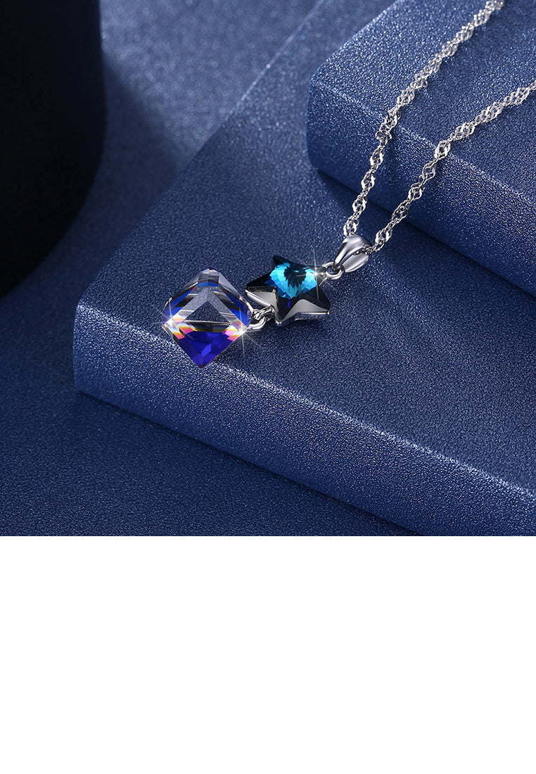 925 Sterling Silver Fashion Elegant Star and Geometric Cube Pendant Necklace with Blue Cubic Zircon