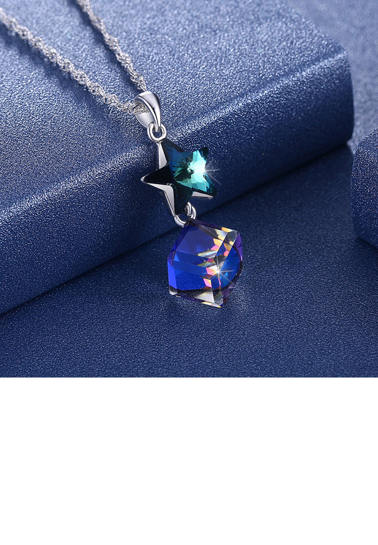 925 Sterling Silver Fashion Elegant Star and Geometric Cube Pendant Necklace with Blue Cubic Zircon