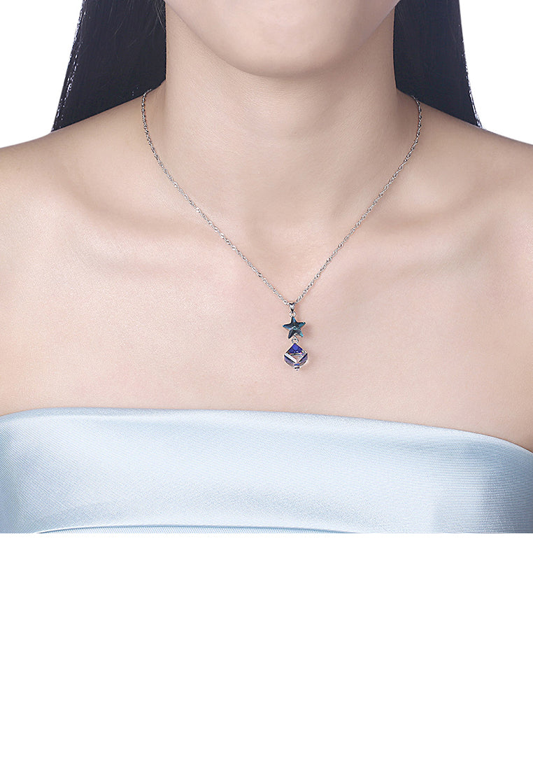 925 Sterling Silver Fashion Elegant Star and Geometric Cube Pendant Necklace with Blue Cubic Zircon