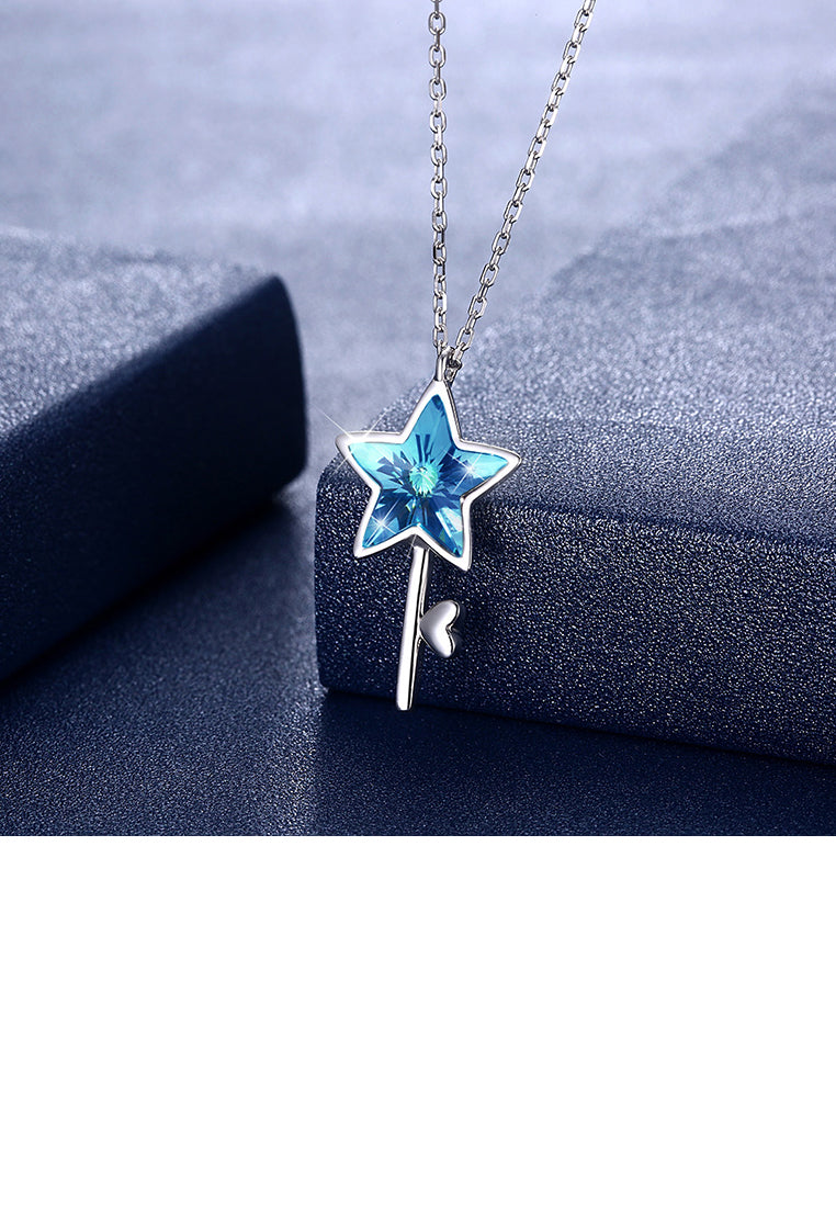 925 Sterling Silver Elegant Fashion Star and Key Pendant and Necklace with Blue Austrian Element Crystal
