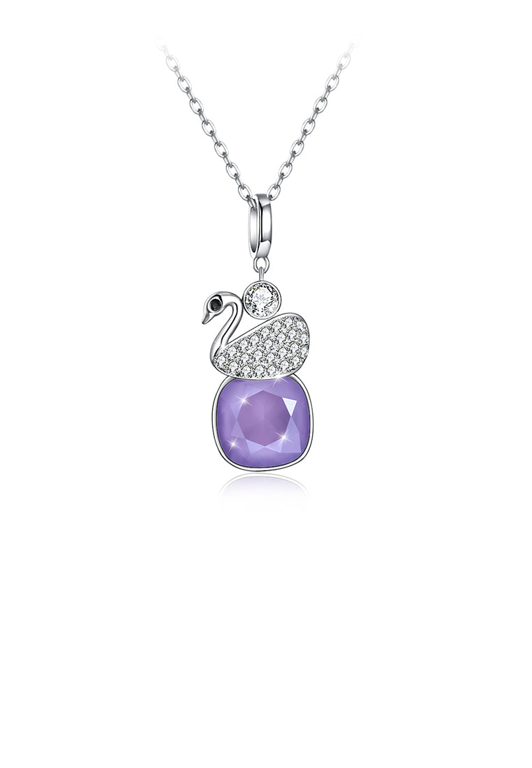 925 Sterling Silver Elegant Swan Geometric Pendant with Purple Austrian Element Crystal and Necklace