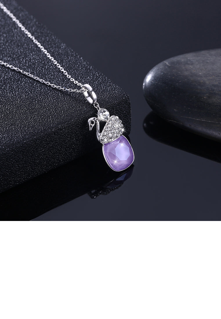 925 Sterling Silver Elegant Swan Geometric Pendant with Purple Austrian Element Crystal and Necklace
