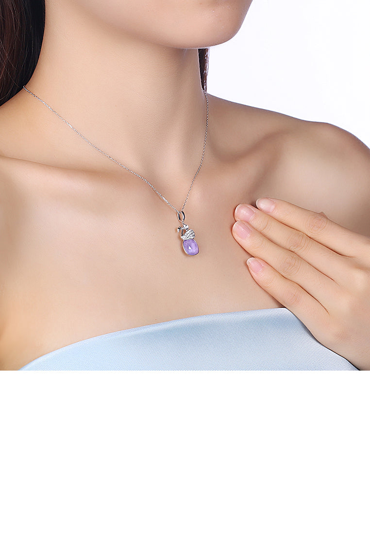 925 Sterling Silver Elegant Swan Geometric Pendant with Purple Austrian Element Crystal and Necklace