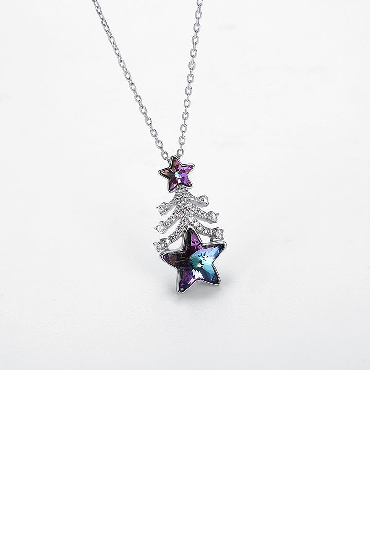 925 Sterling Silver Christmas Tree Pendant with Purple Austrian Element Crystal and Necklace