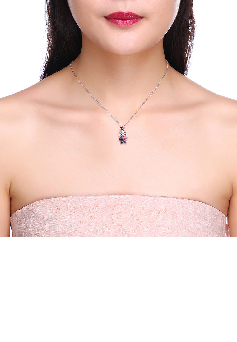 925 Sterling Silver Christmas Tree Pendant with Purple Austrian Element Crystal and Necklace