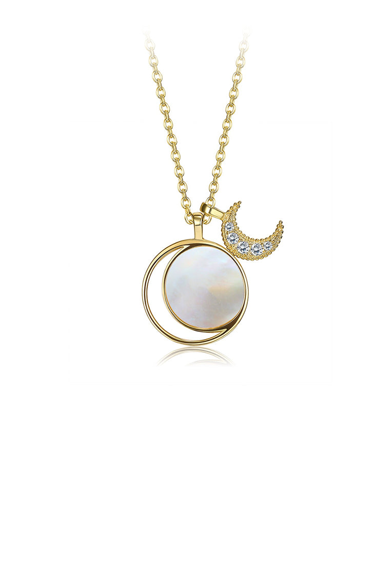 925 Sterling Silver Fashion Plated Gold Moon Mother Of Pearl Pendant with Austrian Element Crystal and Necklace - Luxurious Look