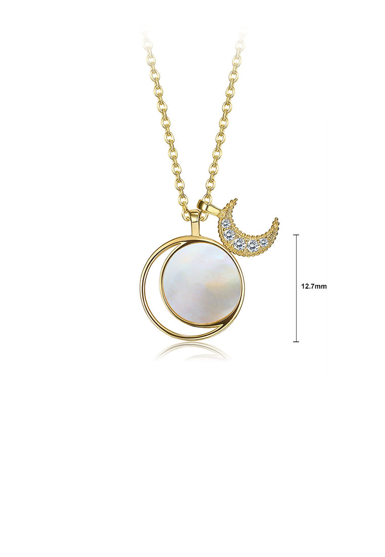 925 Sterling Silver Fashion Plated Gold Moon Mother Of Pearl Pendant with Austrian Element Crystal and Necklace - Luxurious Look