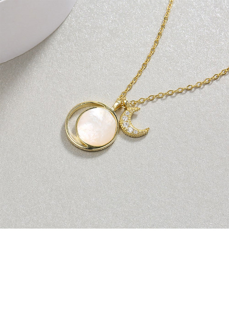 925 Sterling Silver Fashion Plated Gold Moon Mother Of Pearl Pendant with Austrian Element Crystal and Necklace - Luxurious Look