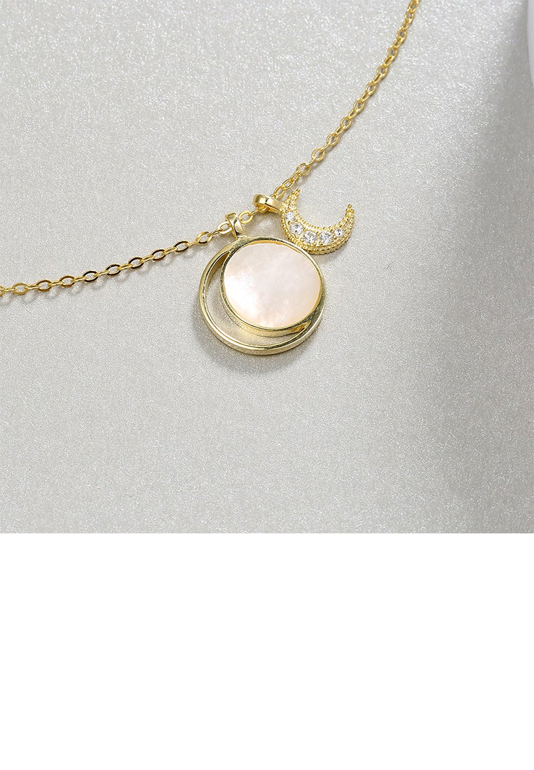 925 Sterling Silver Fashion Plated Gold Moon Mother Of Pearl Pendant with Austrian Element Crystal and Necklace - Luxurious Look
