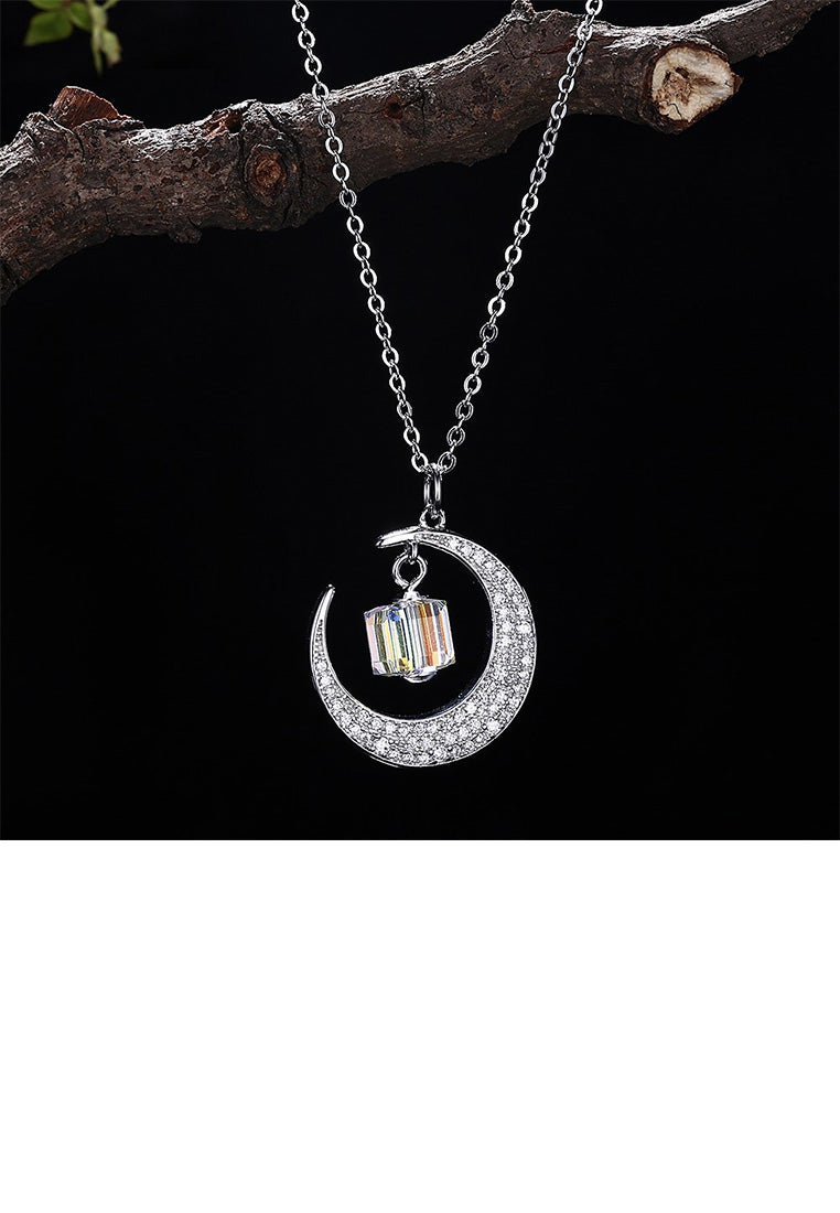 925 Sterling Silver Fashion Bright Moon Pendant with Austrian Element Crystal and Necklace