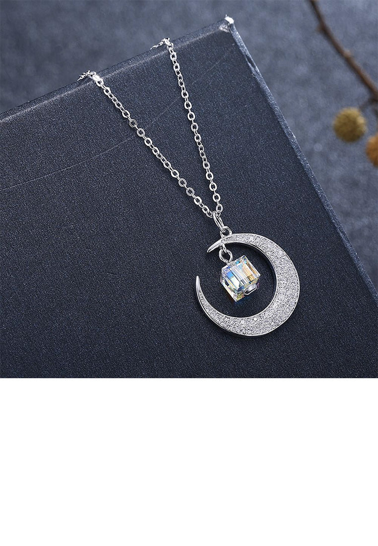 925 Sterling Silver Fashion Bright Moon Pendant with Austrian Element Crystal and Necklace