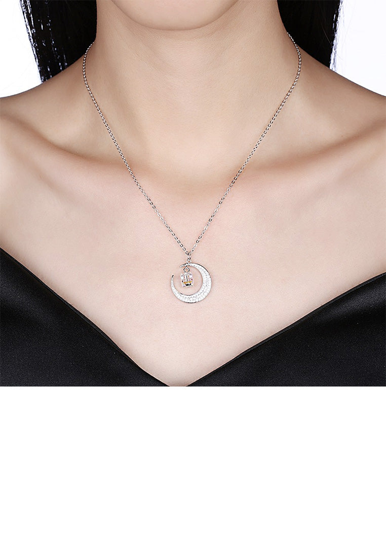 925 Sterling Silver Fashion Bright Moon Pendant with Austrian Element Crystal and Necklace