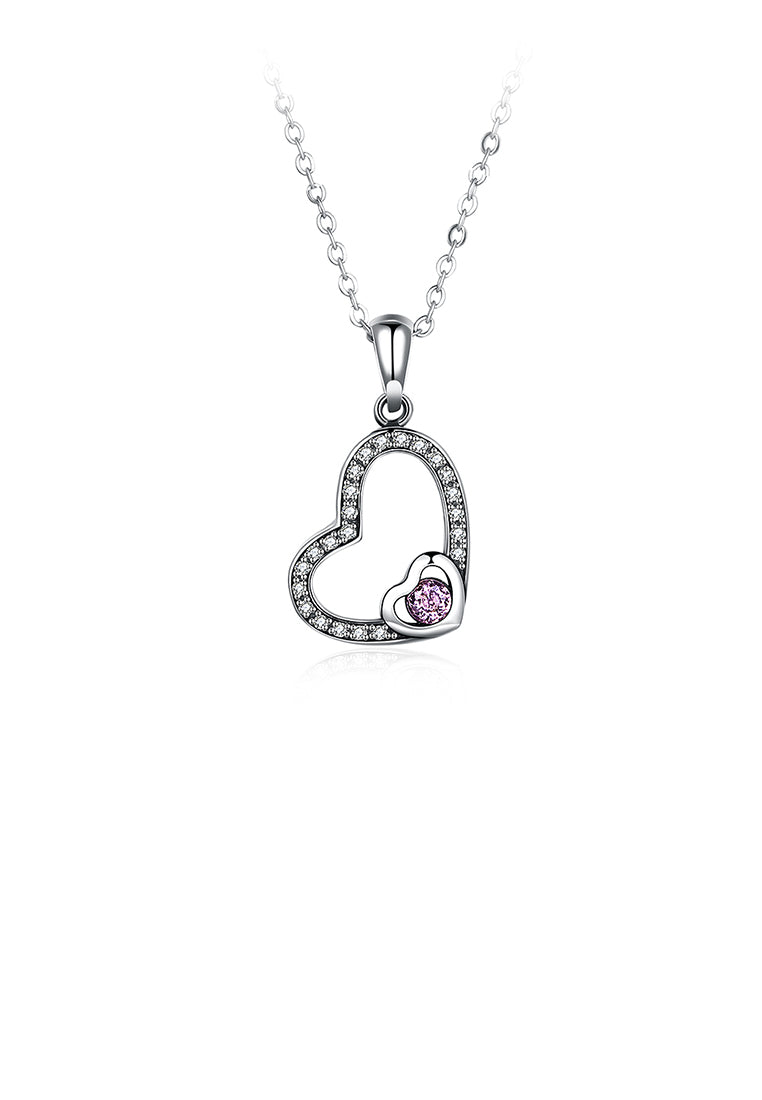 925 Sterling Silver Simple Elegant Romantic Heart Shape Pendant Necklace with Pink Cubic Zircon Necklace with Cubic Zircon - Vibrant Color