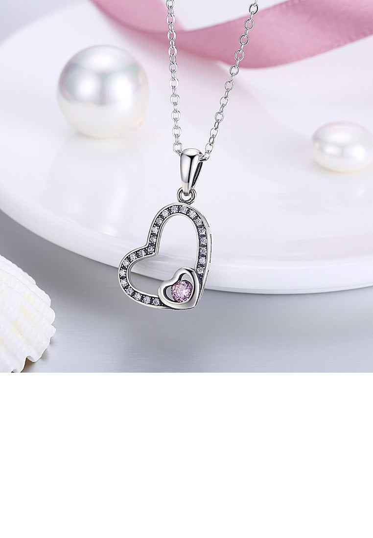 925 Sterling Silver Simple Elegant Romantic Heart Shape Pendant Necklace with Pink Cubic Zircon Necklace with Cubic Zircon - Vibrant Color