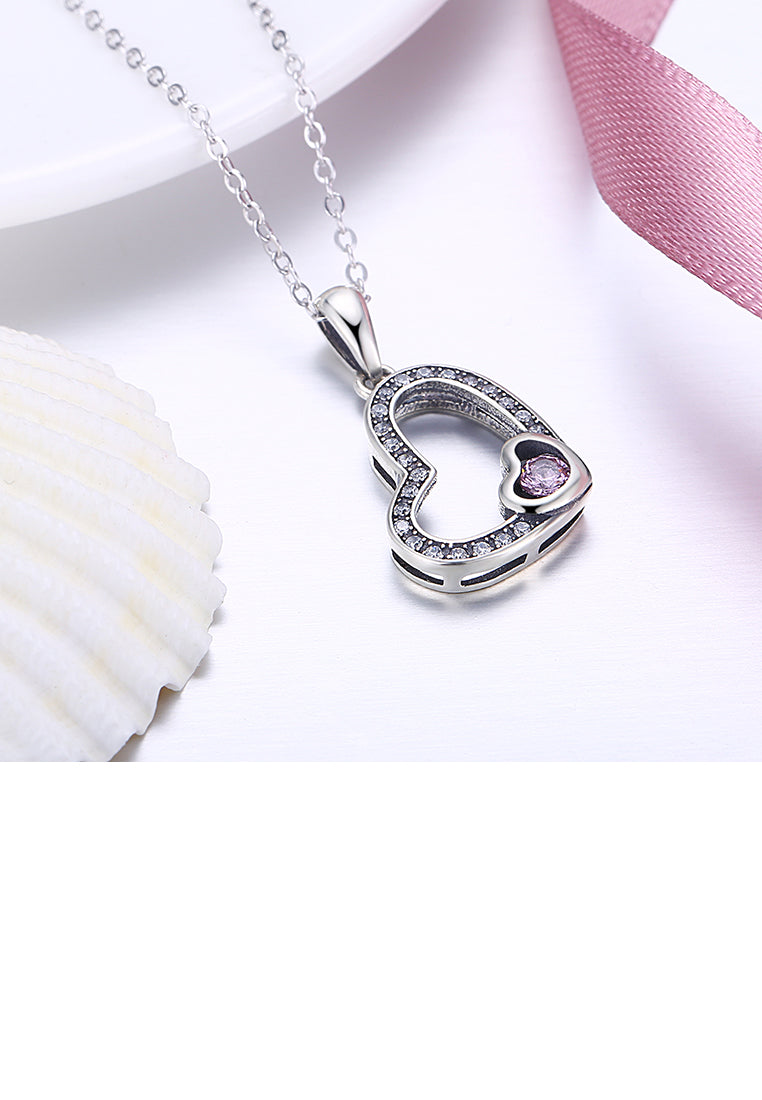 925 Sterling Silver Simple Elegant Romantic Heart Shape Pendant Necklace with Pink Cubic Zircon Necklace with Cubic Zircon - Vibrant Color