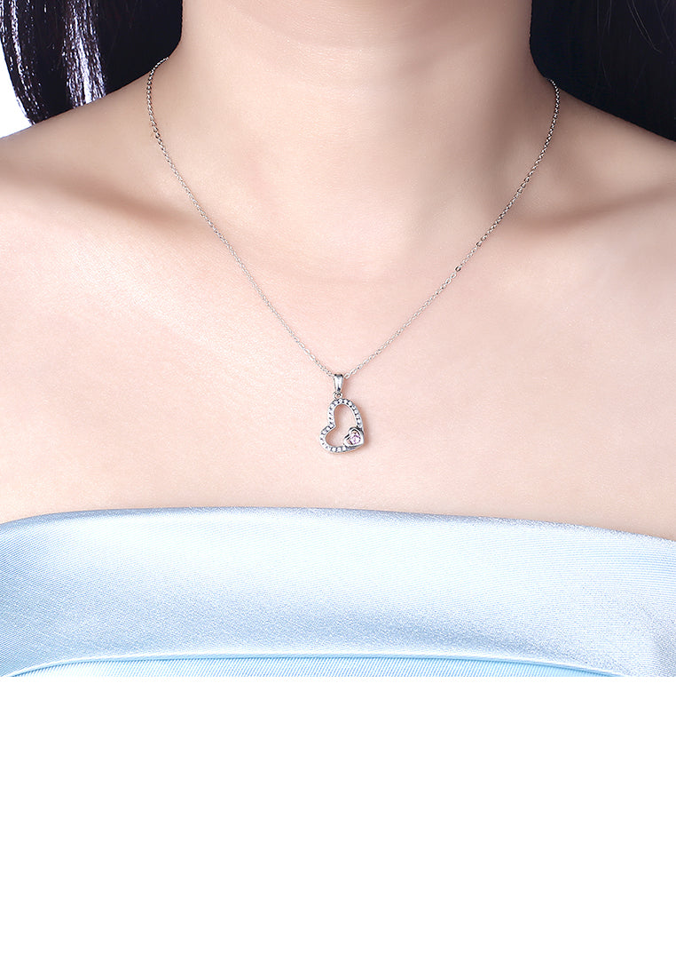 925 Sterling Silver Simple Elegant Romantic Heart Shape Pendant Necklace with Pink Cubic Zircon Necklace with Cubic Zircon - Vibrant Color