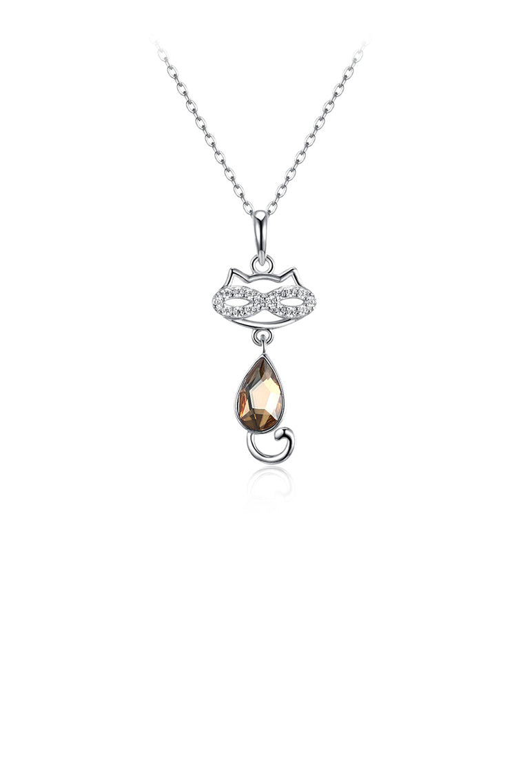 925 Sterling Silver Cat Pendant with Champagne Gold Austrian Element Crystal and Necklace