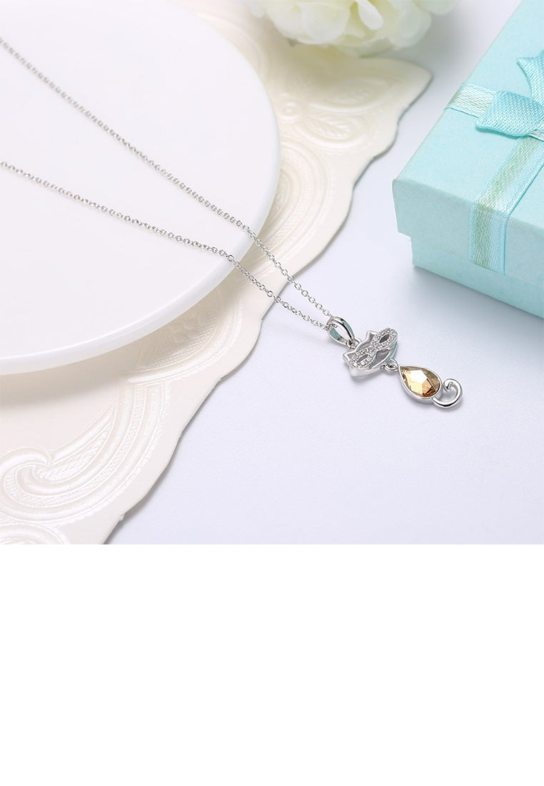 925 Sterling Silver Cat Pendant with Champagne Gold Austrian Element Crystal and Necklace