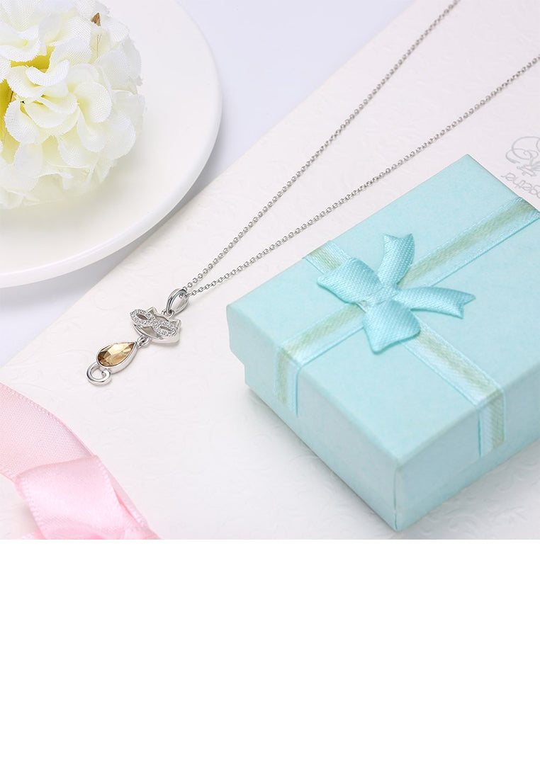 925 Sterling Silver Cat Pendant with Champagne Gold Austrian Element Crystal and Necklace