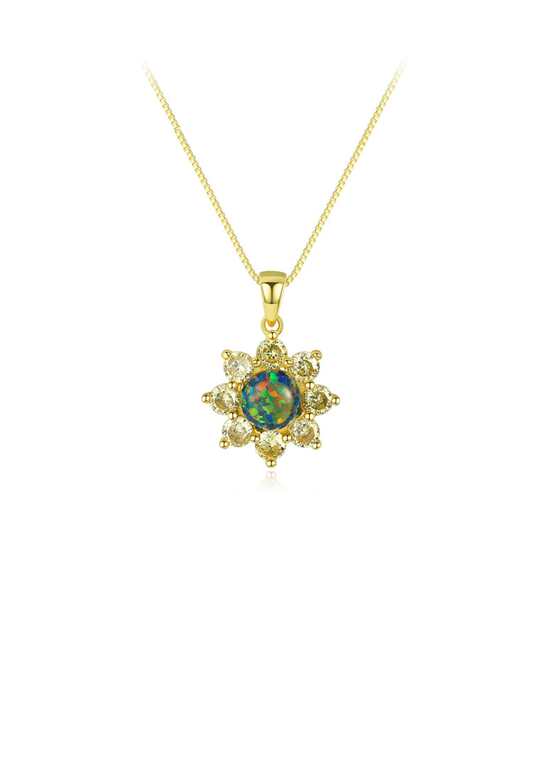 925 Sterling Silver Plated Gold Fashion Elegant Flower Green Imitation Opal Pendant with Cubic Zirconia and Necklace - Luxurious Look