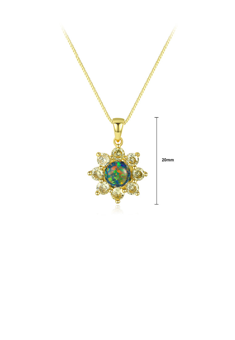 925 Sterling Silver Plated Gold Fashion Elegant Flower Green Imitation Opal Pendant with Cubic Zirconia and Necklace - Luxurious Look