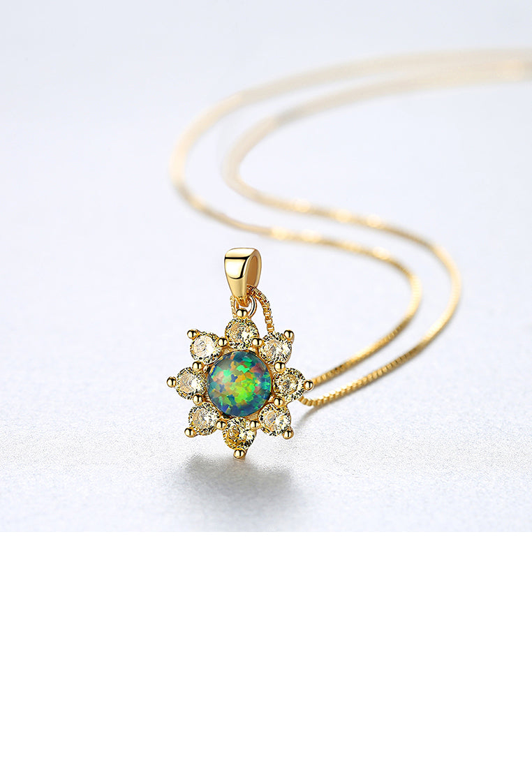 925 Sterling Silver Plated Gold Fashion Elegant Flower Green Imitation Opal Pendant with Cubic Zirconia and Necklace - Luxurious Look