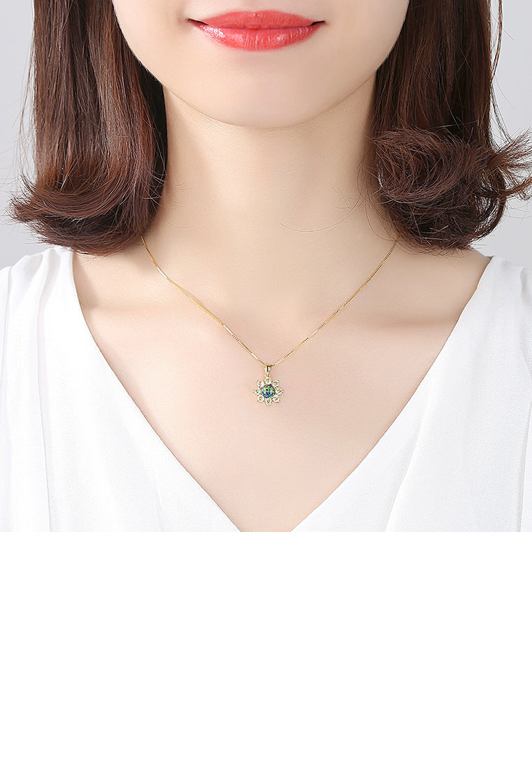 925 Sterling Silver Plated Gold Fashion Elegant Flower Green Imitation Opal Pendant with Cubic Zirconia and Necklace - Luxurious Look
