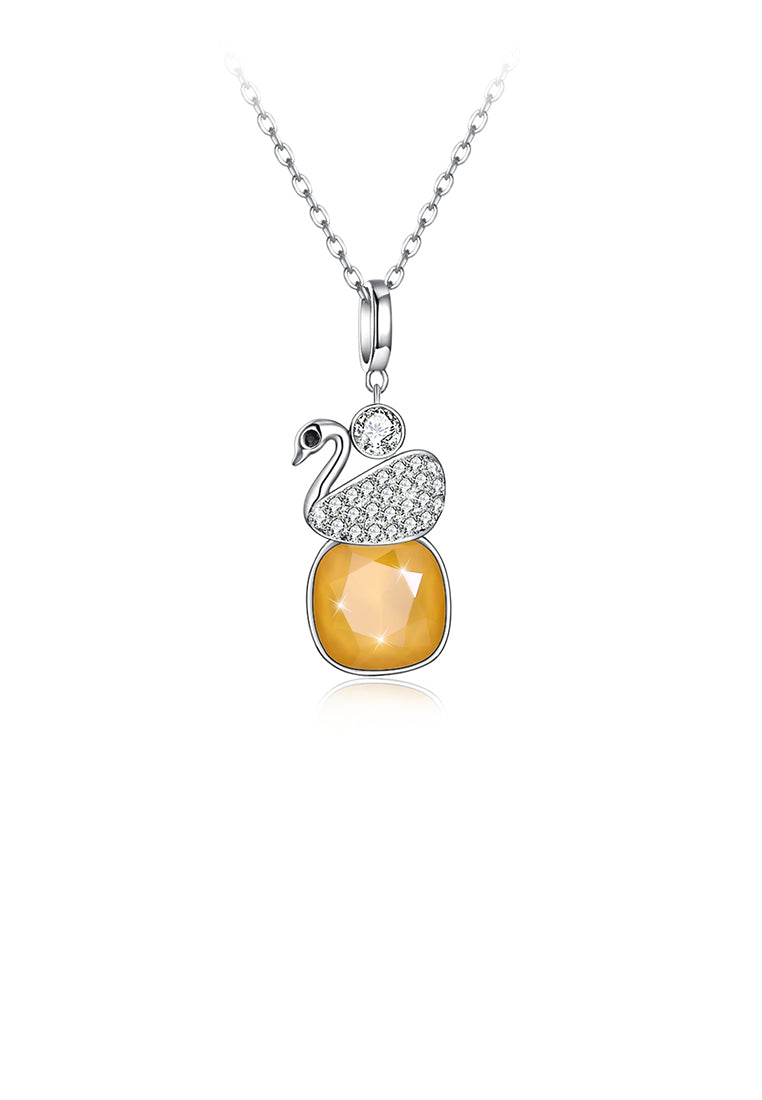 925 Sterling Silver Elegant Swan Geometric Pendant with Yellow Austrian Element Crystal and Necklace