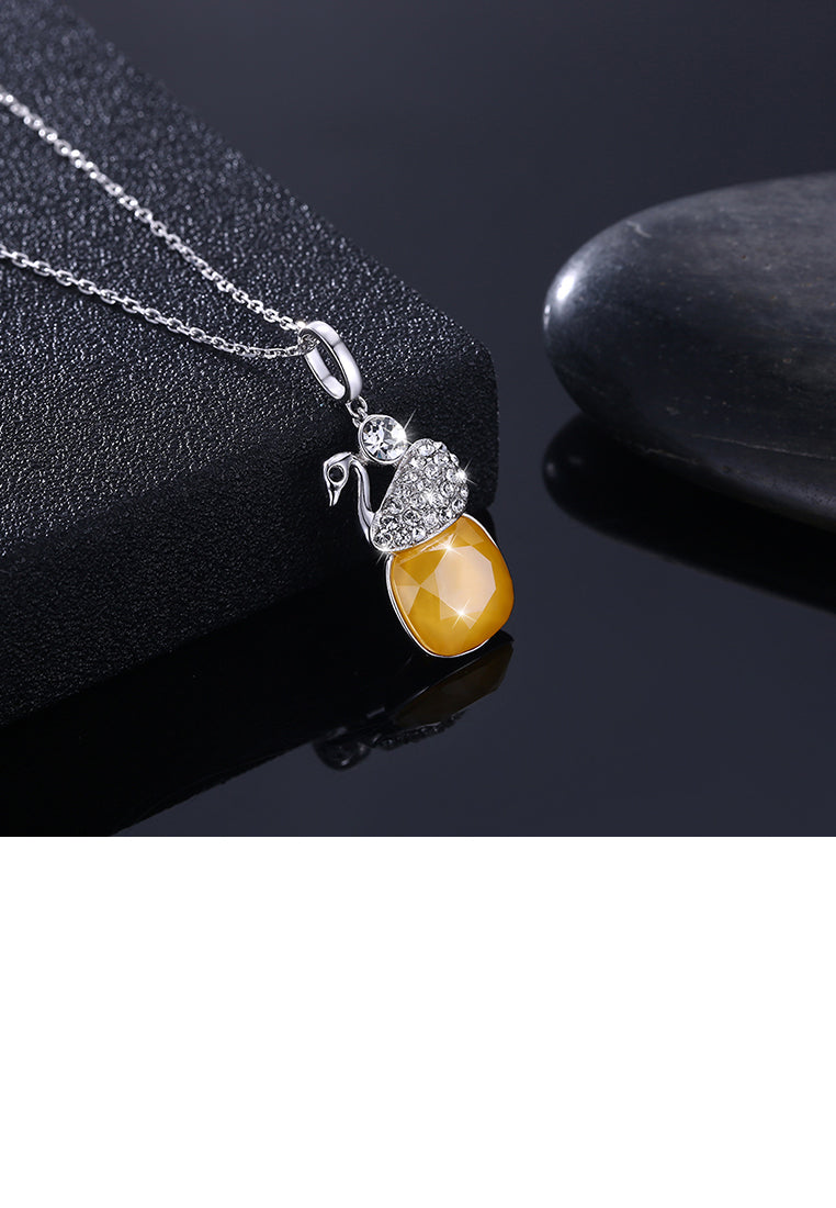 925 Sterling Silver Elegant Swan Geometric Pendant with Yellow Austrian Element Crystal and Necklace
