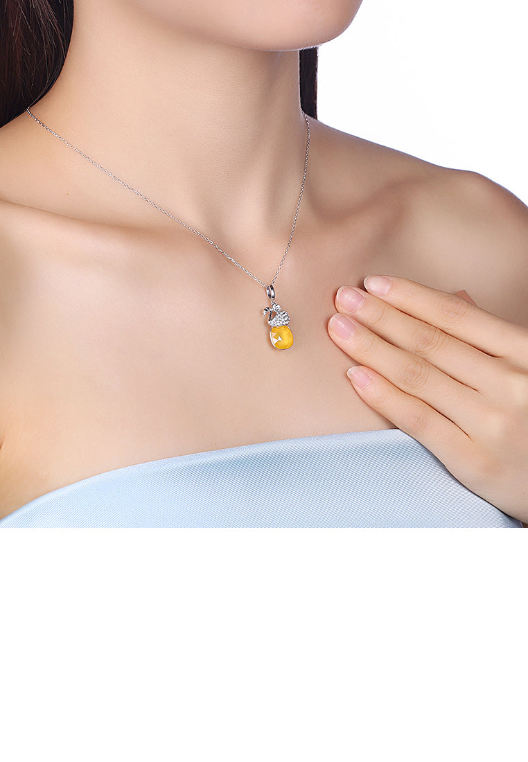 925 Sterling Silver Elegant Swan Geometric Pendant with Yellow Austrian Element Crystal and Necklace