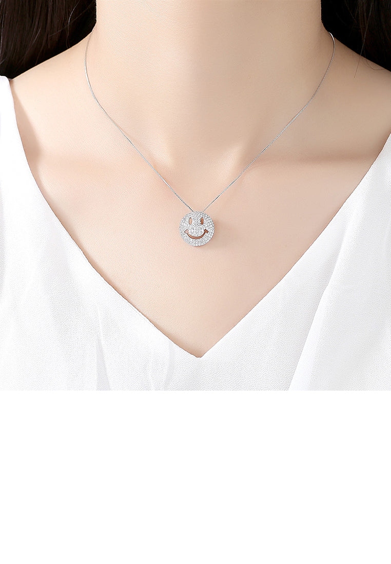 Simple and Bright Geometric Round Smiley Face Pendant with Cubic Zirconia and Necklace - Luxurious Look