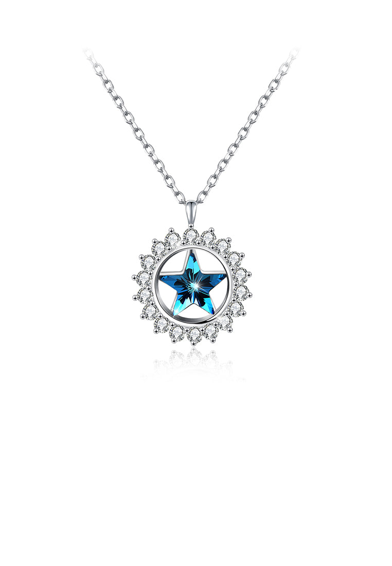 925 Sterling Silver Star Pendant with Blue Austrian Element Crystal and Necklace