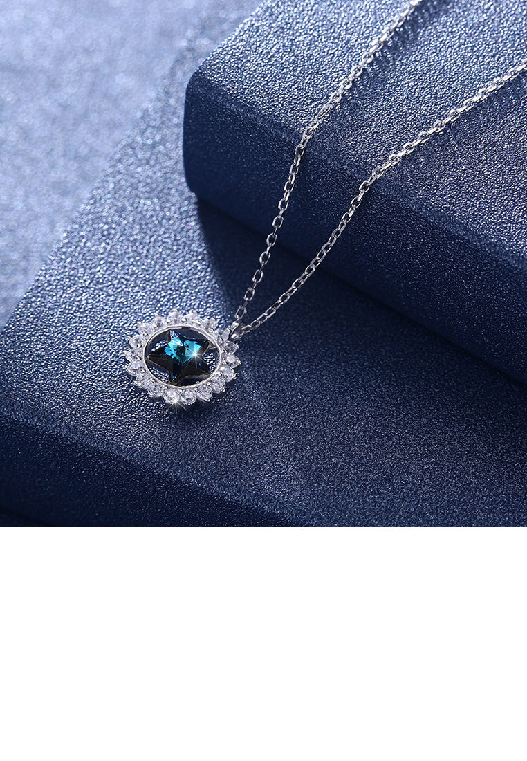 925 Sterling Silver Star Pendant with Blue Austrian Element Crystal and Necklace