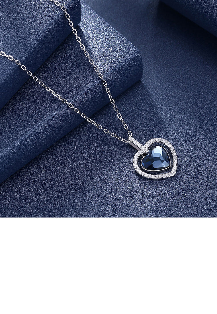 925 Sterling Silver Fashion Romantic Blue Heart Pendant with Austrian Element Crystal and Necklace