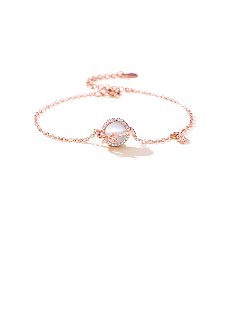 925 Sterling Silver Plated Rose Gold Simple Sweet Ribbon Planet Imitation Opal Bracelet with Cubic Zirconia - Luxurious Look