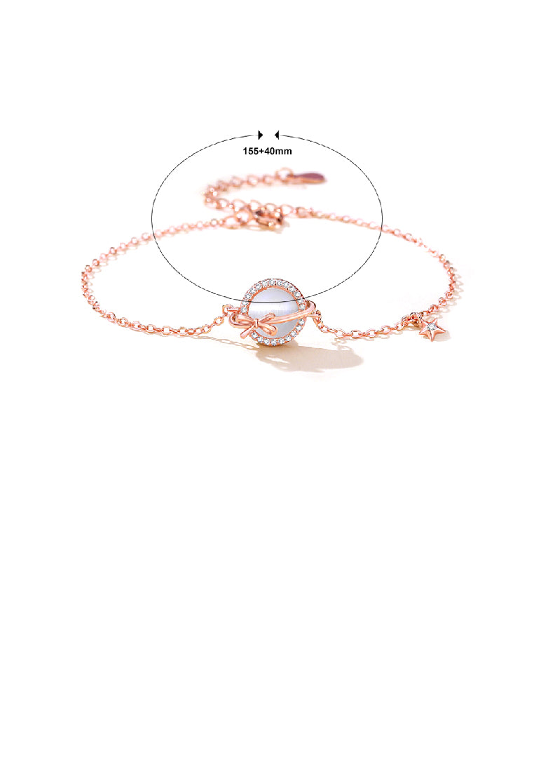 925 Sterling Silver Plated Rose Gold Simple Sweet Ribbon Planet Imitation Opal Bracelet with Cubic Zirconia - Luxurious Look