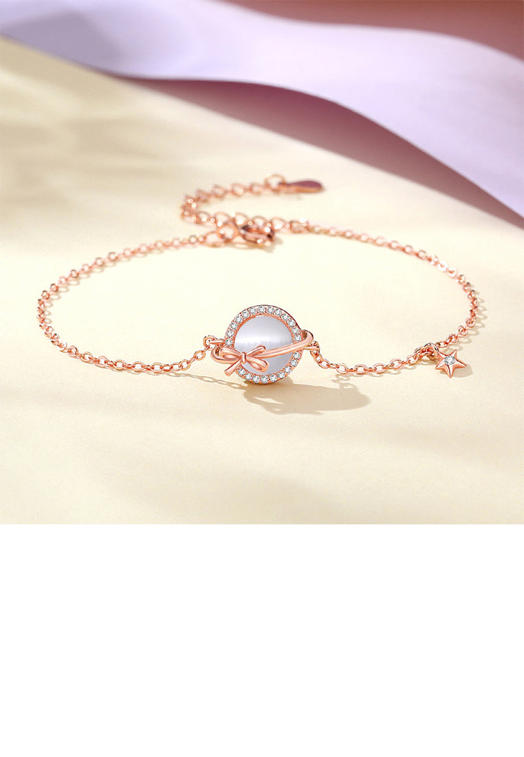 925 Sterling Silver Plated Rose Gold Simple Sweet Ribbon Planet Imitation Opal Bracelet with Cubic Zirconia - Luxurious Look
