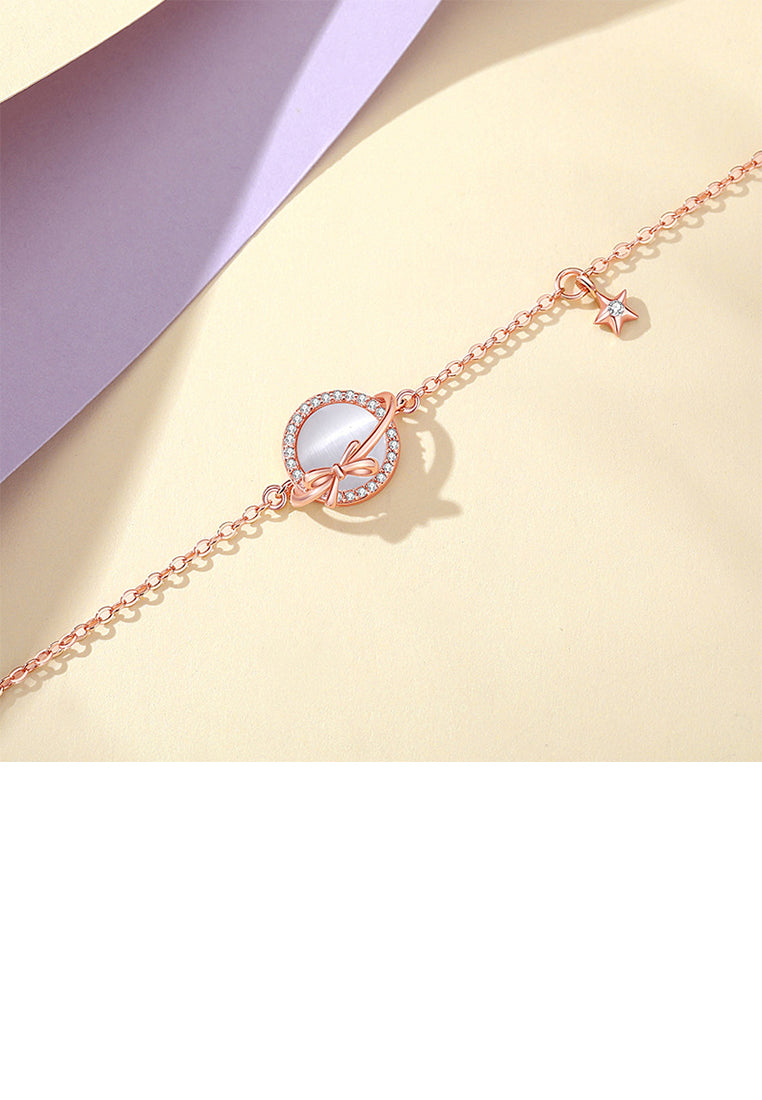 925 Sterling Silver Plated Rose Gold Simple Sweet Ribbon Planet Imitation Opal Bracelet with Cubic Zirconia - Luxurious Look