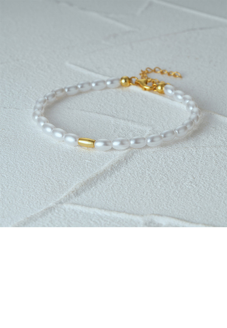 925 Sterling Silver Plated Gold Fashion and Elegant Imitation Pearl Beaded Bracelet - Luxurious Look